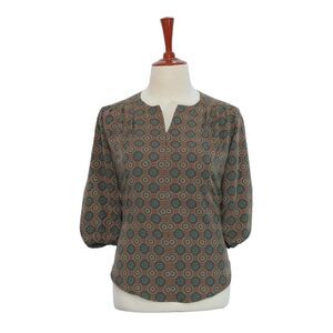 Womens Silky Blouse Brown Red Blue Geometric 3/4 Sleeve V-Neck Casual Top Large